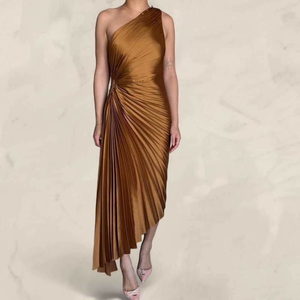 Dress Forum Asymmetric Maxi Dress Golden Bronze Pleated One Shoulder Cutout